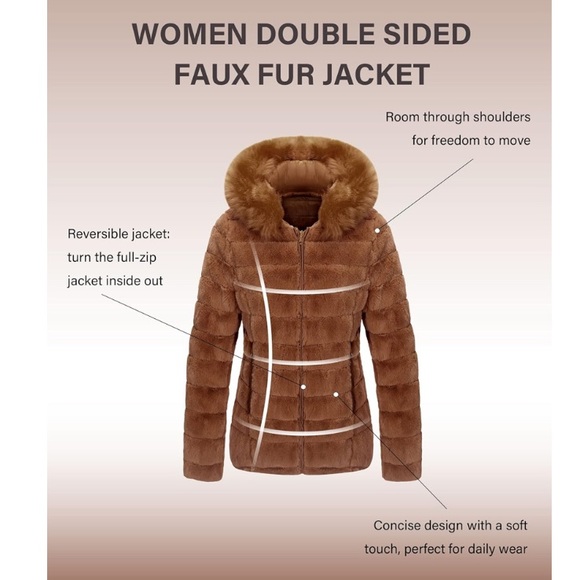 Camel Double Sided Faux Fur Puffer Jacket Hooded-Fur - Picture 3 of 6
